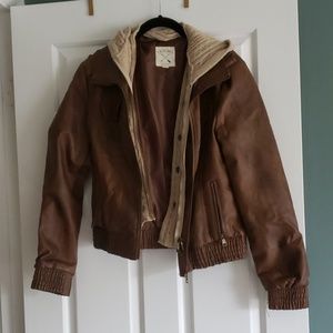 Brown Leather Jacket with Faux Sweater and Hood